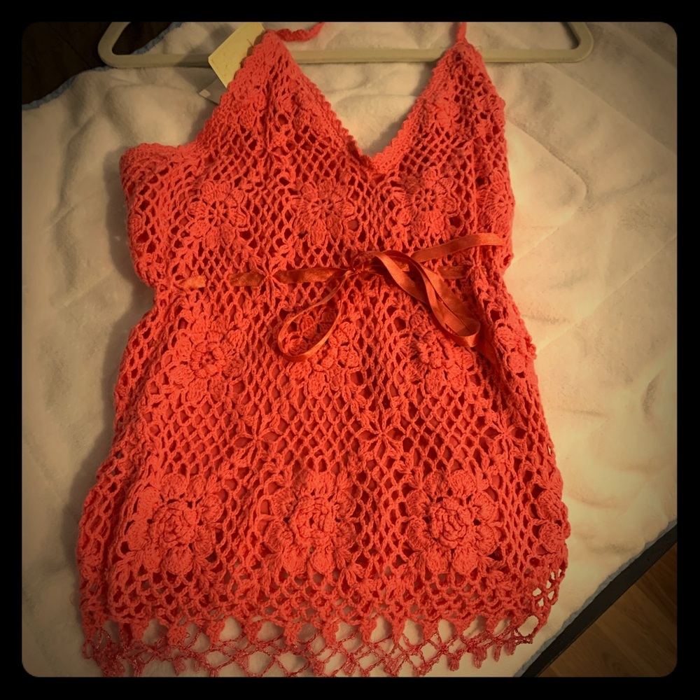 Pink Crocheted Halter Top with Beading